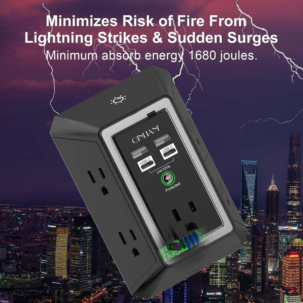 Surge Protector,  5 Outlet Extender with 4 USB Ports(2Usb-C)