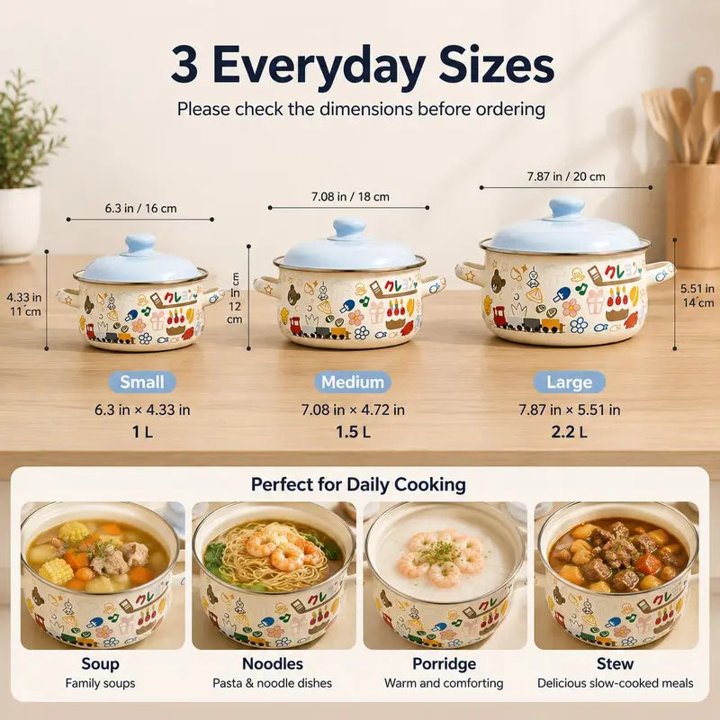 3-Piece Enamel Cooking Pot Set with Lids, Vintage Forest Print Small Saucepan Set with Double Handles, 1L/1.5L/2.2L Pots for Soup, Porridge, Pasta & Daily Cooking