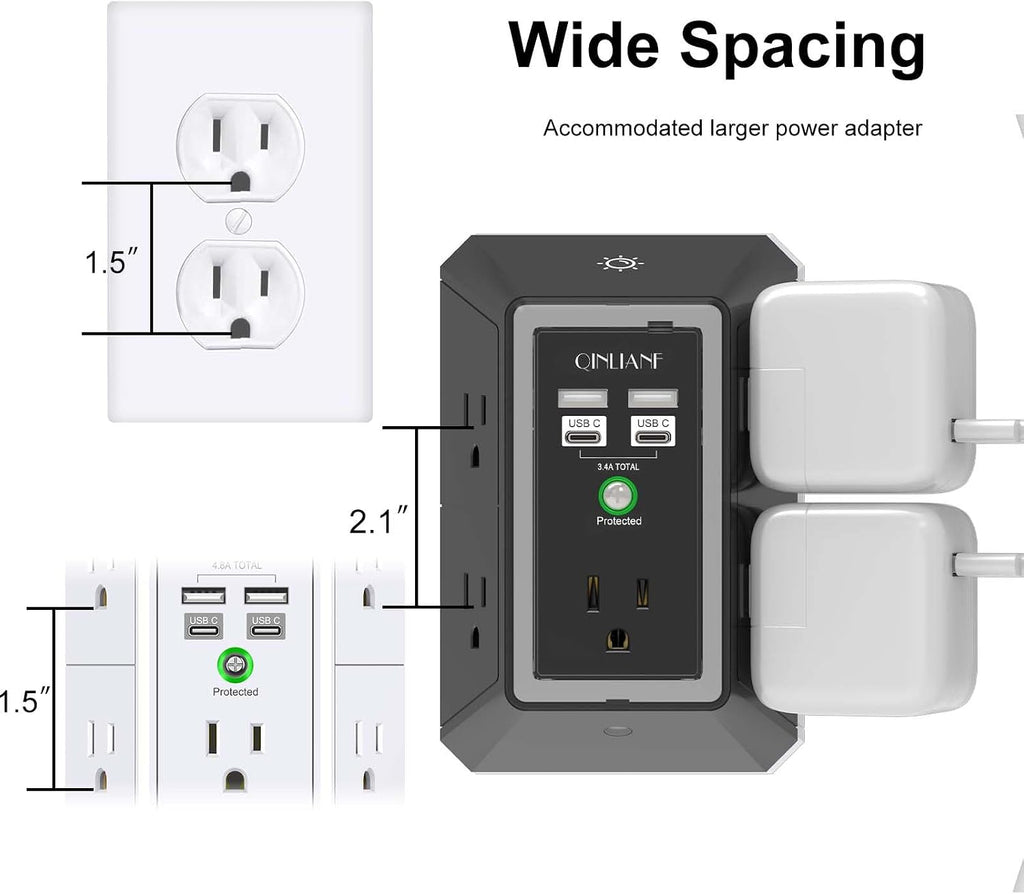 Surge Protector,  5 Outlet Extender with 4 USB Ports(2Usb-C)