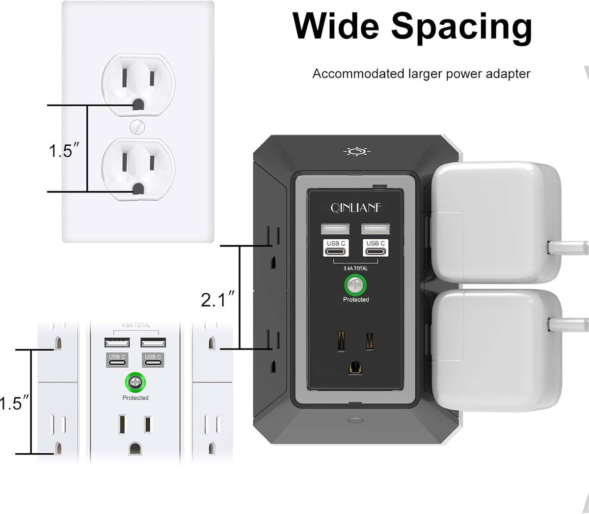 Surge Protector,  5 Outlet Extender with 4 USB Ports(2Usb-C)