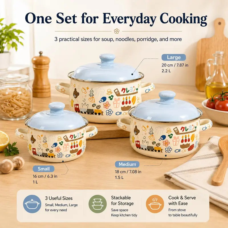 3-Piece Enamel Cooking Pot Set with Lids, Vintage Forest Print Small Saucepan Set with Double Handles, 1L/1.5L/2.2L Pots for Soup, Porridge, Pasta & Daily Cooking