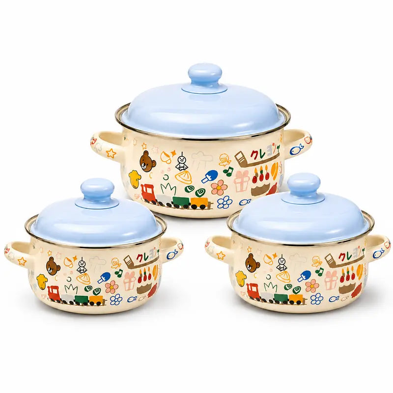 3-Piece Enamel Cooking Pot Set with Lids, Vintage Forest Print Small Saucepan Set with Double Handles, 1L/1.5L/2.2L Pots for Soup, Porridge, Pasta & Daily Cooking