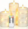 3 Pack Ivory Real Wax Flameless Taper Candles, Lifelike Flickering LED Flame Candles with Surrounding Copper String Lights, Soft Warm Battery Candles with Remote for Home Wedding Holiday Decor