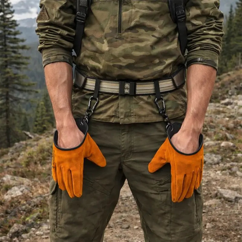 Magnetic Quick-Release Cowhide Work Gloves for Men, Heavy-Duty Leather Gloves with Dual Belt Clips, Reinforced Thumb, Soft Knit Lining for Camping, Firewood, Gardening, Construction, Farm and Yard Work