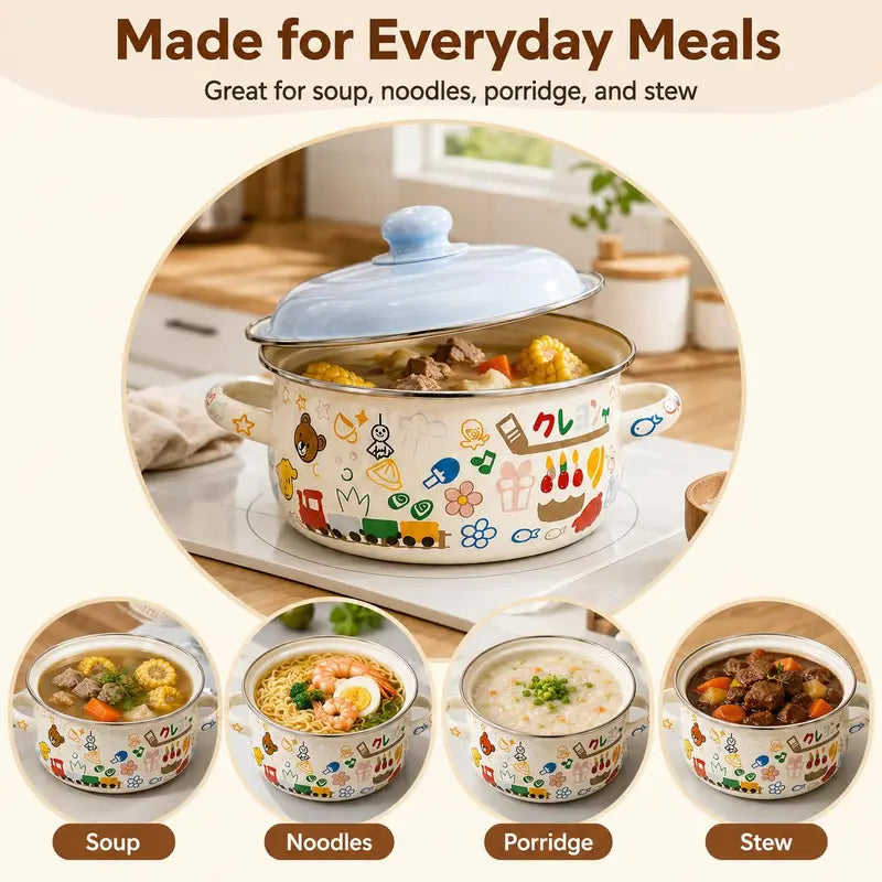 3-Piece Enamel Cooking Pot Set with Lids, Vintage Forest Print Small Saucepan Set with Double Handles, 1L/1.5L/2.2L Pots for Soup, Porridge, Pasta & Daily Cooking