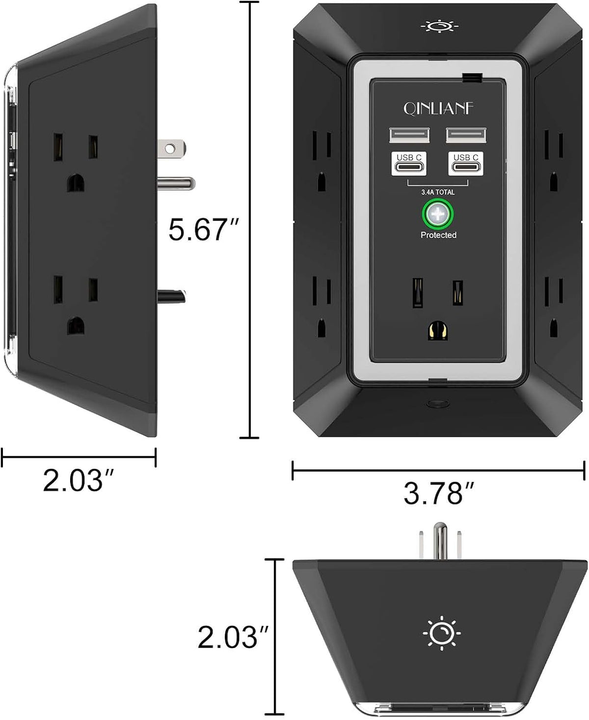 Surge Protector,  5 Outlet Extender with 4 USB Ports(2Usb-C)