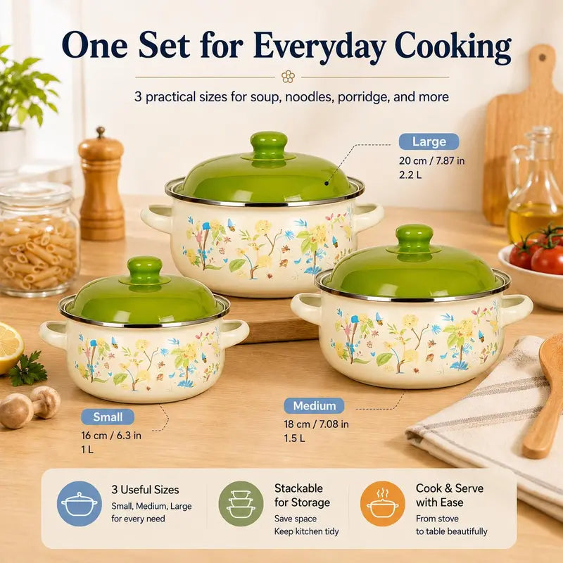 3-Piece Enamel Cooking Pot Set with Lids, Vintage Forest Print Small Saucepan Set with Double Handles, 1L/1.5L/2.2L Pots for Soup, Porridge, Pasta & Daily Cooking