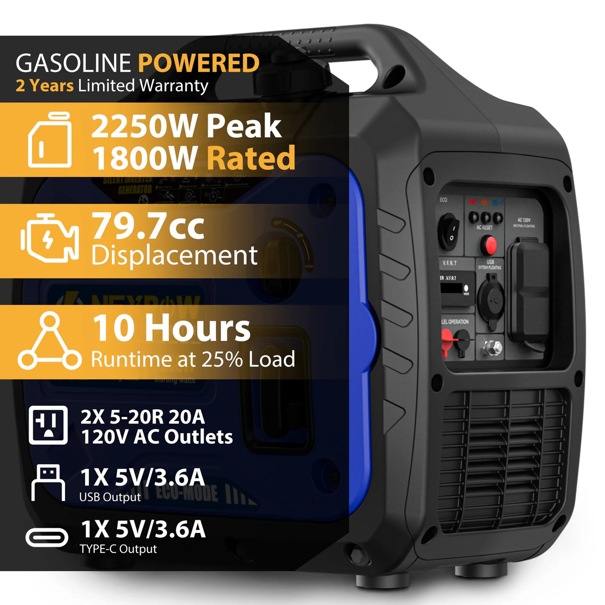 2250W Portable Inverter Generator, Gasoline Power Quiet Lightweight for Backup Home & Camping, Eco-Mode Feature, Parallel Capability, EPA Compliant