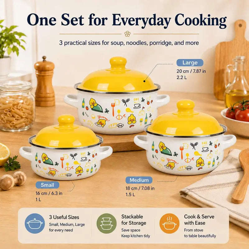 3-Piece Enamel Cooking Pot Set with Lids, Vintage Forest Print Small Saucepan Set with Double Handles, 1L/1.5L/2.2L Pots for Soup, Porridge, Pasta & Daily Cooking