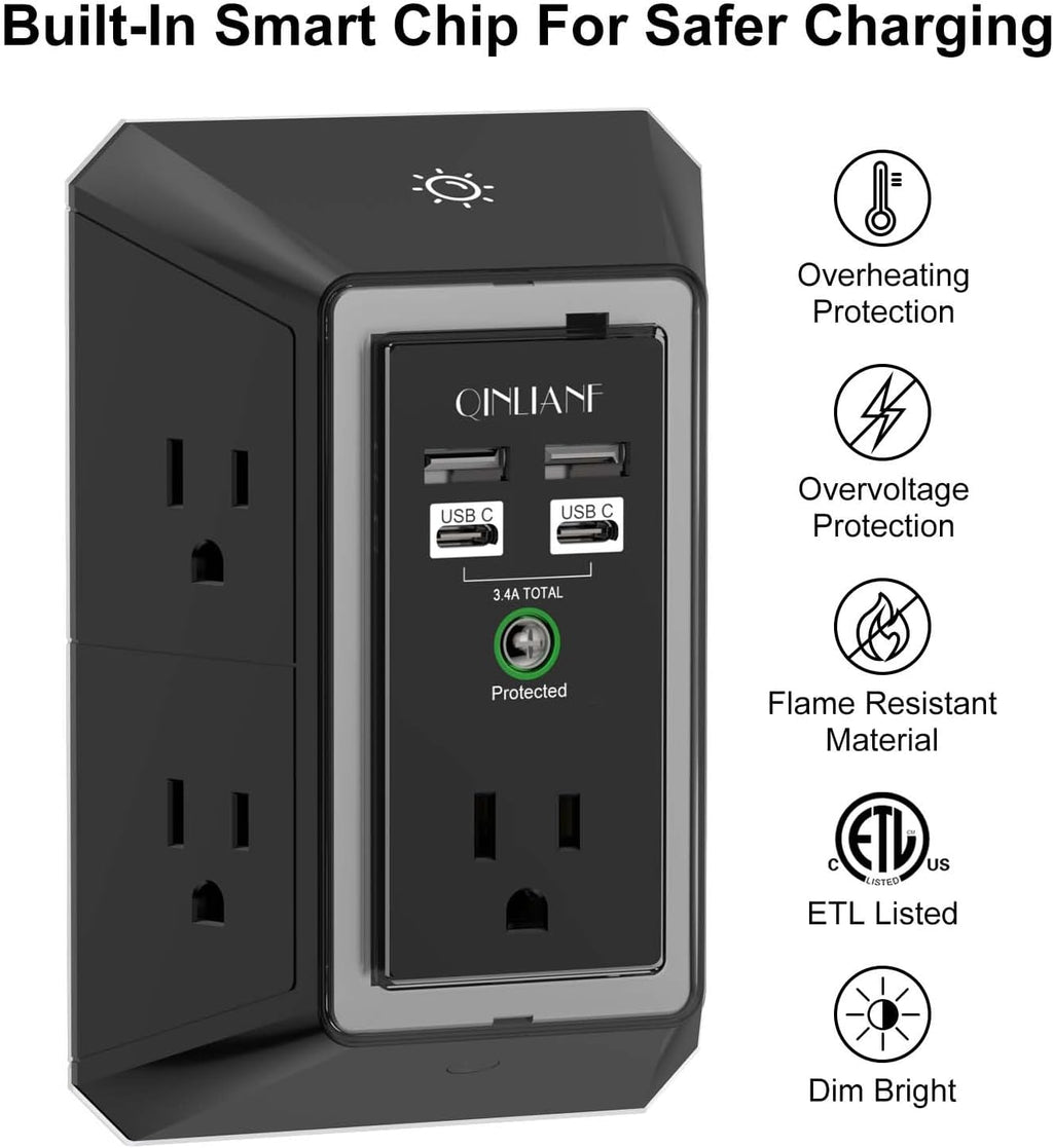 Surge Protector,  5 Outlet Extender with 4 USB Ports(2Usb-C)